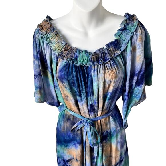 NEW Off Shoulder Tie Dye Dress Women Medium Tunic Blue Green Bell Sleeve Country - Picture 7 of 16